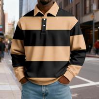 Men’s Long Sleeve Rugby Shirt Striped Pattern Classic Pullover with Collar and Button Placket Casual Fit Top for Everyday Wear L