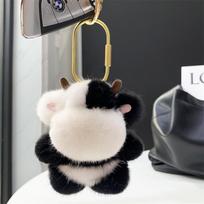 Cute Real Mink Fur Keychain Cow Stuffed Key Chain Bag Charm Pendant Kids Plush Toy Ornament Car Keyring Trinkets Jewelry Gifts 10 cm