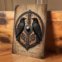 1 piece of Norse mythology Odin, Raven, Hugin and Munin tin painting, vintage wood texture wall decoration, suitable for living (as the picture,20x30cm)