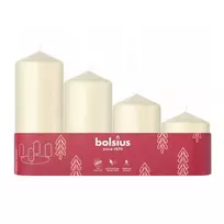 bolsius Candle cylinders, 4 pieces. Diameters: 120, 100, 80, and 60x48mm. Cream color