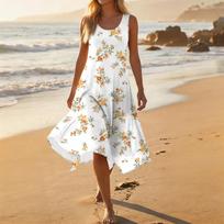 Women Sleeveless Floral Print Casual Dress Round Neck Irregular Hem Mid-Length Summer Dress L smėlis