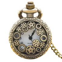 Small Vintage Bronze Steampunk Gear Carved Trumpet Quartz Pocket Watch Necklace Pendant Clock Chain Men Women Chain Gift bronza
