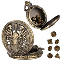 Craved on Gold Color Paladin Pocket Watch Case fobs and chains Gamed Themed 7pcs Bronze Matal Dice Waist Hook Chain for Hero Men