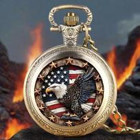 American Flag Design with Eagle Pocket Watch Necklace - Stainless Steel Quartz Movement, Non-Waterproof Watch for Men bronza