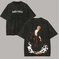 Anime BLEACH Printed Tshirt Kurosaki Ichigo Vintage Washed T Shirt Men Clothing Summer Oversized Short Sleeve Cotton Tees Tops S