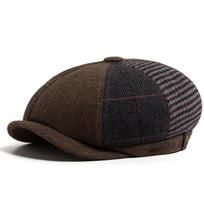 Vintage Newsboy Cap Men Herringbone Plaid Patchwork Pattern Women Beret Autumn Winter Warm Male Flat Caps Octagonal Hat Elastic chaki