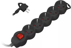 Orno Przedłużacz 5 kontaktų prailgintuvas 2P+Z (Schuko), su jungikliu, 5m H05VV-F 3x1.5mm2, Imax=16A, plokščias kištukas, juodas