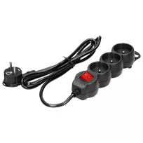 Orno Przedłużacz 3 krypčių prailgintuvas 2P+Z, su jungikliu, 3m H05VV-F 3x1.5mm2, Imax=16A, plokščias kištukas, juodas