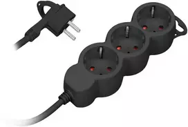 Orno Przedłużacz 3 krypčių prailgintuvas 2P+Z (Schuko), 5m H05VV-F 3x1.5mm2, Imax=16A, plokščias kištukas, juodas