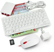 Desktop Kit oficialus rinkinys su korpusu, raudona ir balta klaviatūra ir pele Raspberry Pi 5