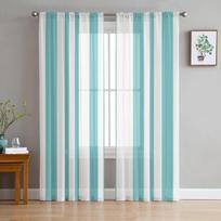 Aqua mėlynos juostelės tiulio užuolaidos balkono kambariui madingos spausdintos permatomos užuolaidos svetainės langui modernus dekoras 135W x 114H(cm) white