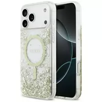 GUESS Resin-bottom glitter MagSafe case for iPhone 17 Pro Max in gold
