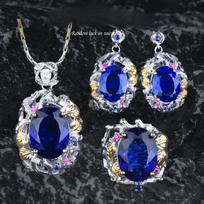 Royal Blue Jewelry Set with Textured Engraving Two Tone Gold Plated Necklace Earrings Open Ring for Women