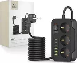 „Tech-Protect PC3X6“ ilgintuvas, 3 lizdai, 240 V + 3 USB-A + 3 USB-C, 200 cm, juodas