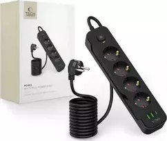 „Tech-Protect PCL4X3“ maitinimo lizdas, 4 lizdai, 240 V + 2 USB-A + 1 USB-C, 200 cm, juodas