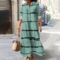 Women's Fashionable And Elegant Autun And Winter Button-down Lapel Long-sleeved Printed Dress L žalsvai mėlyna