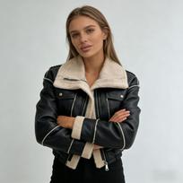 2025 Women's EU Autumn/Winter PU Leather Biker Jacket, Lambswool, Short Style, Zipper. S juoda