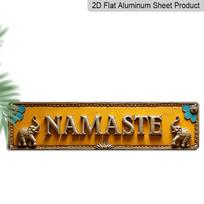 2D Flat, Indian/Nepalese Namaste Wall Art - Turmeric Aluminum Decorative Sign with White Lettering and Blue Border, 3.94x15.75 Inches (10x40cm 40cm x 10cm