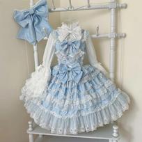Saldi Lolita Cosplay Japoniška JSK suknelė Kawaii Mielos Nėrinėtos Princesės Gimtadienio Suknelės su Kaspinėliais ir Tiuliu Kawaii Moteriškas Elegantiškas Kasdienis Kostiumas S mėlyna