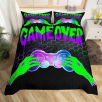 Honeycomb Gamepad Gaming Duvet Cover Set Gamer Bedding Sets for Boys,Neon Lights Geometric Comforter Cover Quilt Cover Full Size 135x200cm