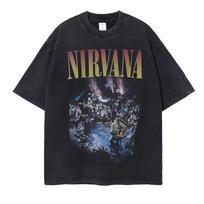 Nirvana Band Rock Apocalyptic Cobain Loose Washed Vintage TShirt Punk Style Short Sleeve round Neck Art Theme Print M