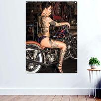 Tapestry Sexy tattooed girl with motorcycle 75x100 juoda