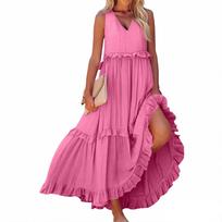 Women Summer Maxi Dress Sleeveless V Neck Tiered Ruffle Hem Long Flowy Casual Beach Boho Dress With Pockets XL rožinė