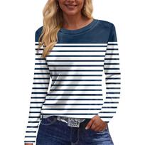 Women’s Casual Long Sleeve Crewneck Top with Horizontal Striped Print Relaxed Fit Soft Fabric Pullover Shirt for Daily Wear XXL juoda