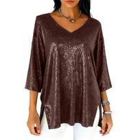 Women’s V Neck Sequin Tunic Top Loose Fit Three Quarter Sleeve Shiny Blouse Casual Shirt for Daily Wear XXXL kava