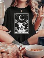 Graphic-Shirt Cotton Tees Size Plus100% Cotton Tarot Card Vintage Crescent Moon Pit Bull Dog Pittie S įvairiaspalvis