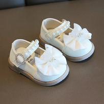 Toddler Girls Soft Sole Mary Jane Shoes Baby Princess Dress Shoes with Bow and Pearl Strap Comfortable Lightweight Infant Footwear 16 smėlis