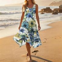 Women Casual Sleeveless Dress Floral Print Round Neck Asymmetric Hem Mid Length Summer Dress Beach Cover Up L mėlyna