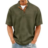 Men’s Short Sleeve Ribbed Knit Pullover Henley Shirt with Button Placket and Stand Collar Casual Fit Top L armijos žalia spalva
