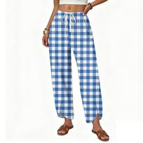 Women’s Loose Fit Drawstring Waist Plaid Print Casual Wide Leg Pants with Pockets for Daily Wear S mėlyna