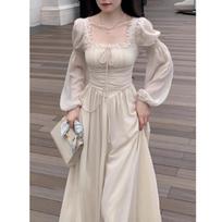 Elegantiškos prancūziškos princesės vakarinės midi suknelės moterims rudeninės plonos juostos ilgomis rankovėmis Vestidos korėjietiški pavasariniai drabužiai XS smėlis
