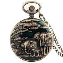 Bronze Crane/Elk/Elephant Animal Quartz Pocket Watch Round Dial Pocket Necklace Pendant Sweater Chain Pocket Clock for Men Women