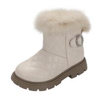 Children's Snow Boots Elegant Plush Solid Color Kids Rhinestones Short Boots Fashion Girls Catwalk Boots All Match 2024 Winter 26 smėlis