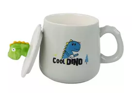 Vaikiškas keraminis puodelis su šaukštu ir dangteliu Dinozauras, mėlynas