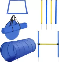 PawHut šunų dresūros rinkinys, šunų agility rinkinys, šunų dresūros kliūčių ruožas, įskaitant tunelį, slalomo stulpelius, kliūčių kartį, starto aikštelę, mėlynos ir geltonos spalvos