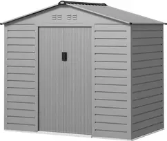 Outsunny cinkuoto plieno sodo namelis 2,43 m², 213x131x192 cm, su dvišlaičiu stogu, rakinamomis stumdomomis durimis, atsparus oro sąlygoms, pilkas