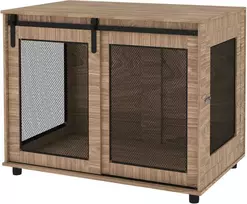 "PawHut" šuns narvo baldai, narvas šunims su 2 rakinamomis durelėmis, šoninis staliukas namams, namas dideliems šunims iki 30 kg, plienas, 98 x 60 x 78 cm, graikinis riešutas