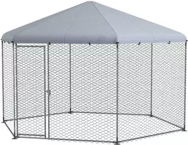 PawHut vištidė 400 x 346 x 263 cm, plieno lauko aptvaras, vištidė su stogeliu, durelėmis, skirta 10–15 vištų ir smulkiems gyvūnams, sidabrinė