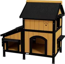 Pawhut Medinis kačių namelis su keliais įėjimais, 2 aukštai, skirtas katėms iki 7kg