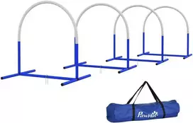 PawHut šunų dresūros įranga, Agility rinkinys šunims, 4 dalių kliūčių rinkinys vyresniems šunims, dresūros rinkinys su krepšiu, mėlyna/balta, 88 x 64 x 95 cm
