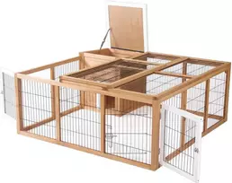 PawHut triušių narvas, mažų gyvūnų aptvaras 123 x 120 x 52 cm, su atidaromu stogu ir lauko aptvaru, natūralios spalvos eglės mediena