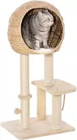 "PawHut" kačių medis, draskymo stovas, kačių baldai su urvu, kamuoliukas-žaislas, sizalis, minkštas pliušas, smėlio spalvos, aukštis 100 cm
