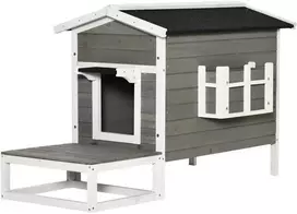 Pawhut Kačių namelis su terasa ir balkonu katėms, eglės mediena pilka + balta 115 x 66,5 x 74,7 cm