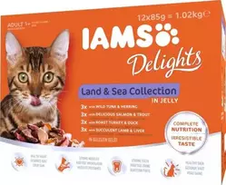 IAMS Delights LND&SEAkonservuotas pašaras katėms drebučiuose, 12x85 g
