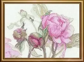 Riolis Kryželiu siuvinėjimo rinkinys - Aine kolekcija "Bijūnai. Džiaugsmas" 18x15 cm SRA1009