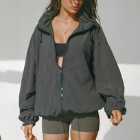 Women's Oversized Hooded Zip-Up Windbreaker Dark Grey Loose Fit Casual Sports Sun Protection Jacket S juoda
